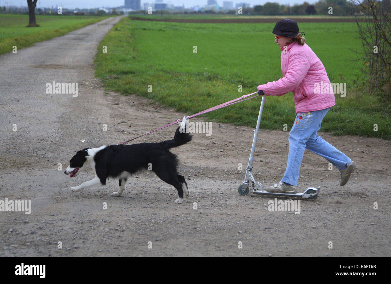 Haushund (Canis Lupus F. Familiaris), Mädchen auf Kickboard mit ihrem Hund, Deutschland Stockfoto