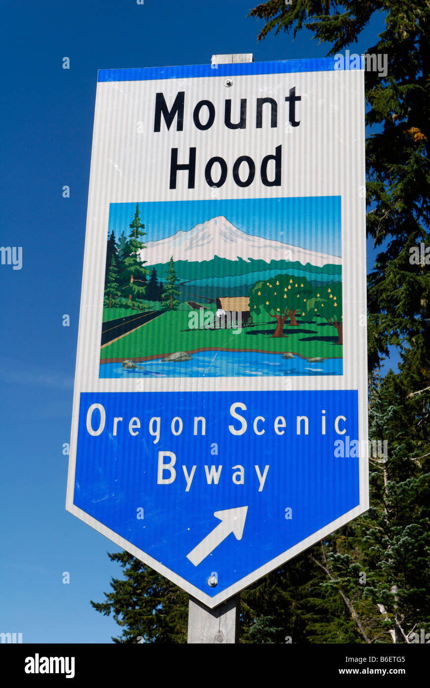Mount Hood Oregon Scenic Byway Wegweiser, USA Stockfoto