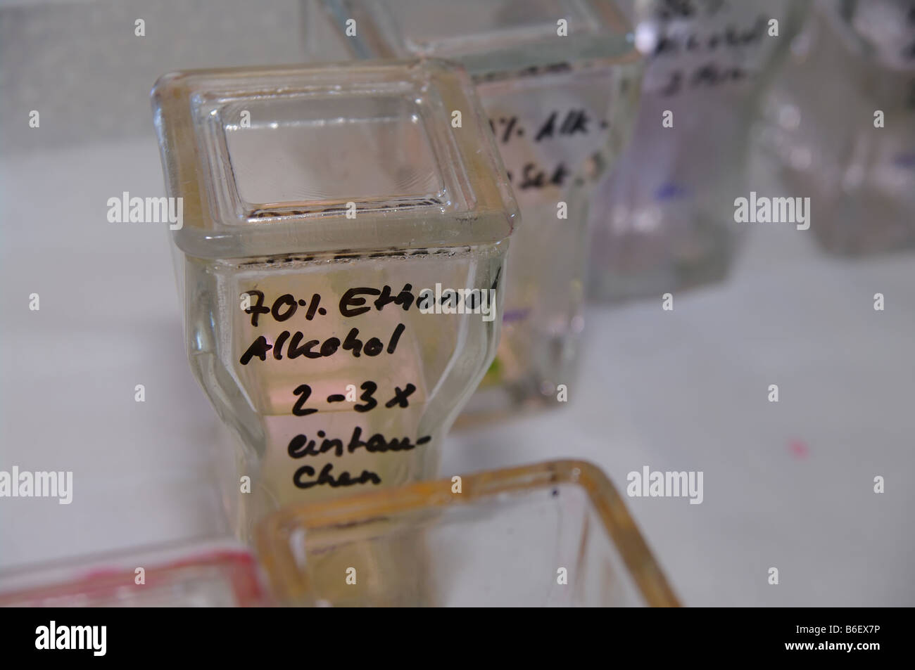 Chemikalien auf einem Labortisch Stockfoto