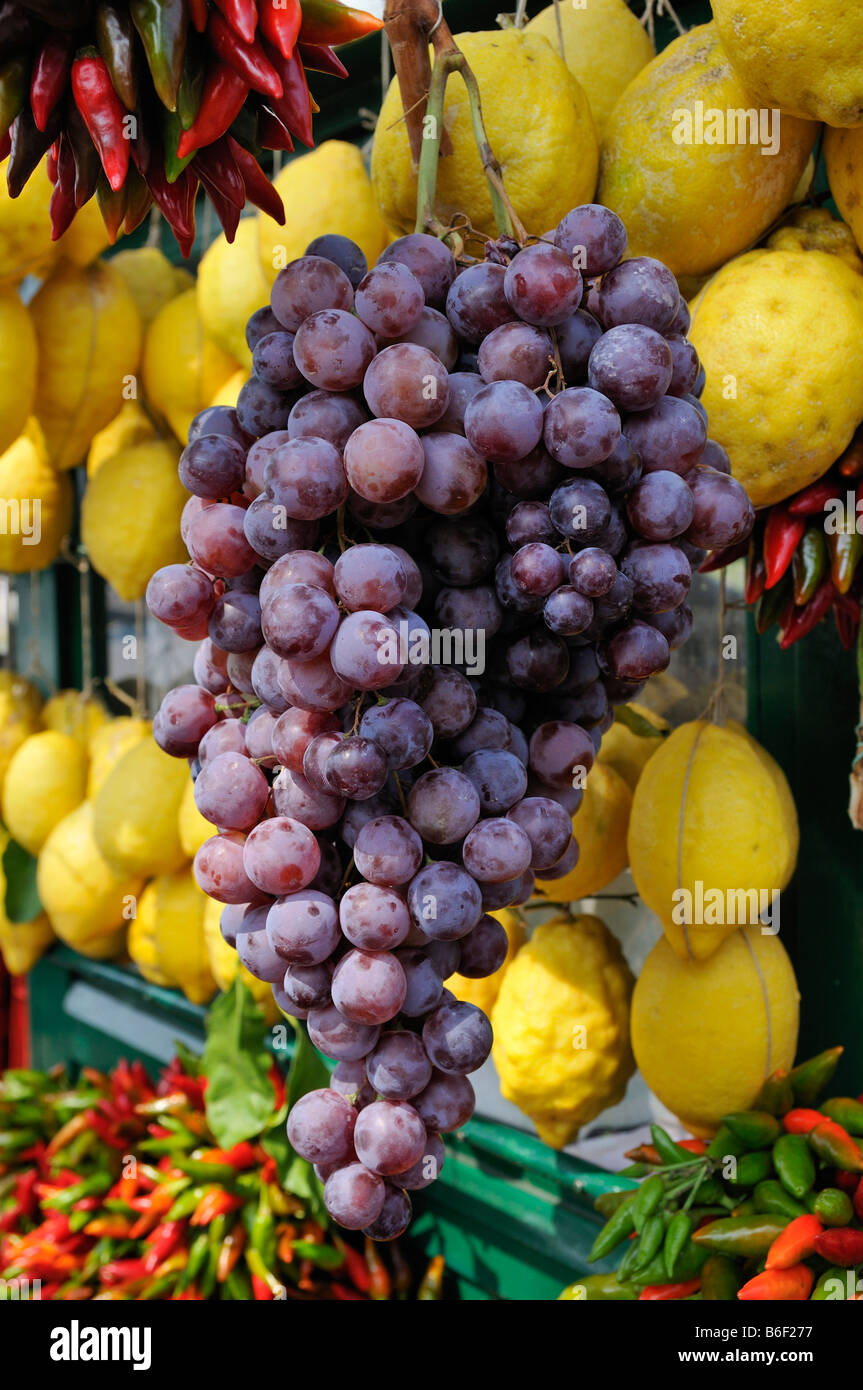 Rote Trauben und Zitronen zum Verkauf auf dem stall in Sirmione, Lombardei, Italien, Europa Stockfoto