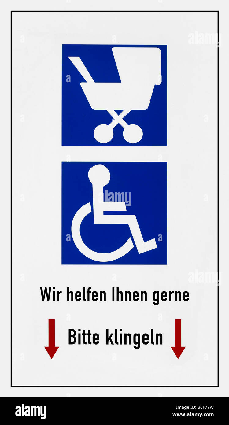 Zeichen: Wir gerne Ihnen helfen, bitte Ring, Piktogramm Kinderwagen, Rollstuhl-Benutzer Stockfoto