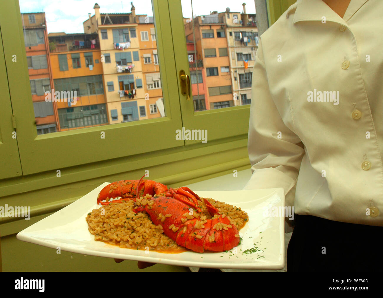 Reis mit Hummer im Restaurant Boira-GIRONA-Katalonien-Spanien Stockfoto
