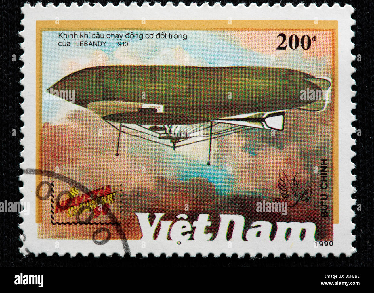 Geschichte der Luftfahrt, Luftschiff "Lebandy" (1910), Briefmarke, Vietnam, 1990 Stockfoto