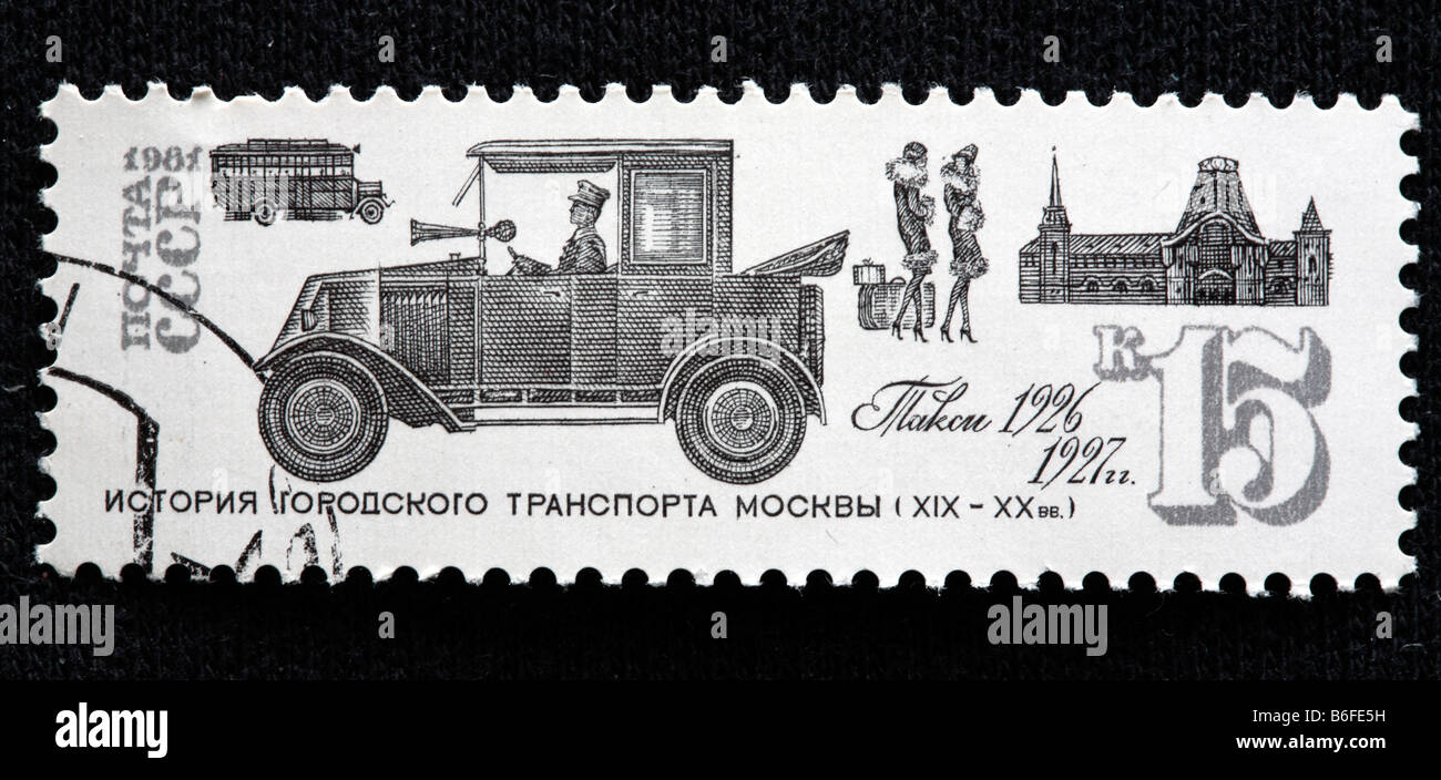 Geschichte der Stadt Transport, Taxi, Moskau (1926-1927), Briefmarke, UdSSR, 1981 Stockfoto