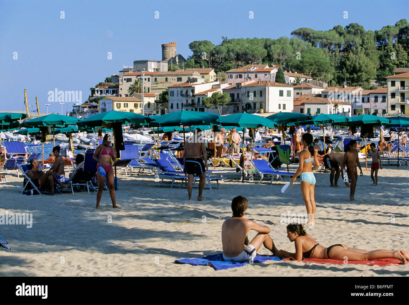 Strand von Marina di Campo, Insel Elba, Lungomare Generale Fabio Mibelli, Provinz von Livorno, Toskana, Italien, Europa Stockfoto