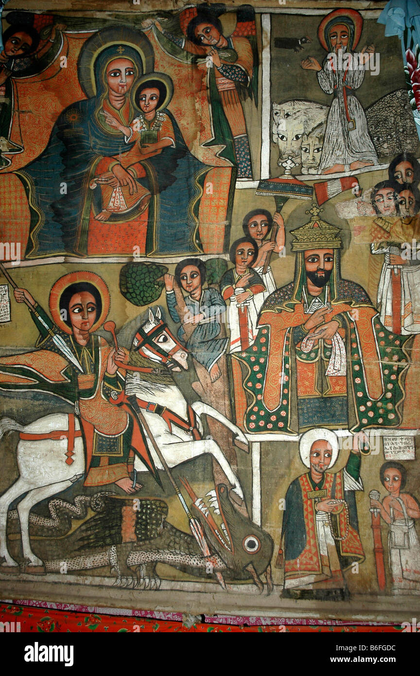 Wandmalerei, Maria mit dem Jesuskind, St. George, Beta Marquorewos Heiligen Felsenkirche, Lalibela, Äthiopien, Afrika Stockfoto