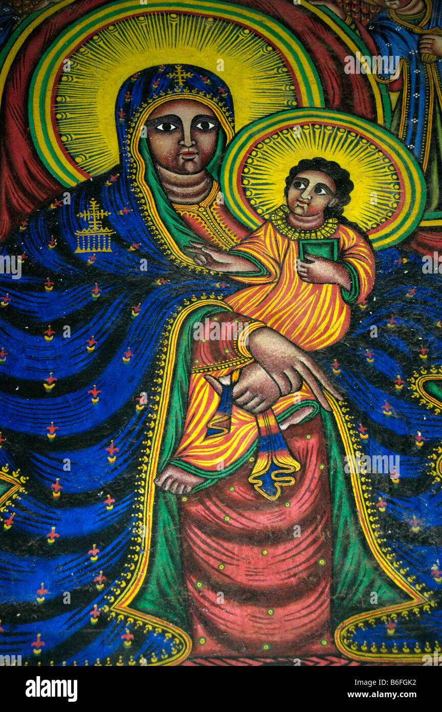 Wandbild der Mutter Mary und das Christkind in der alten Kathedrale, Aksum in Äthiopien, Afrika Stockfoto