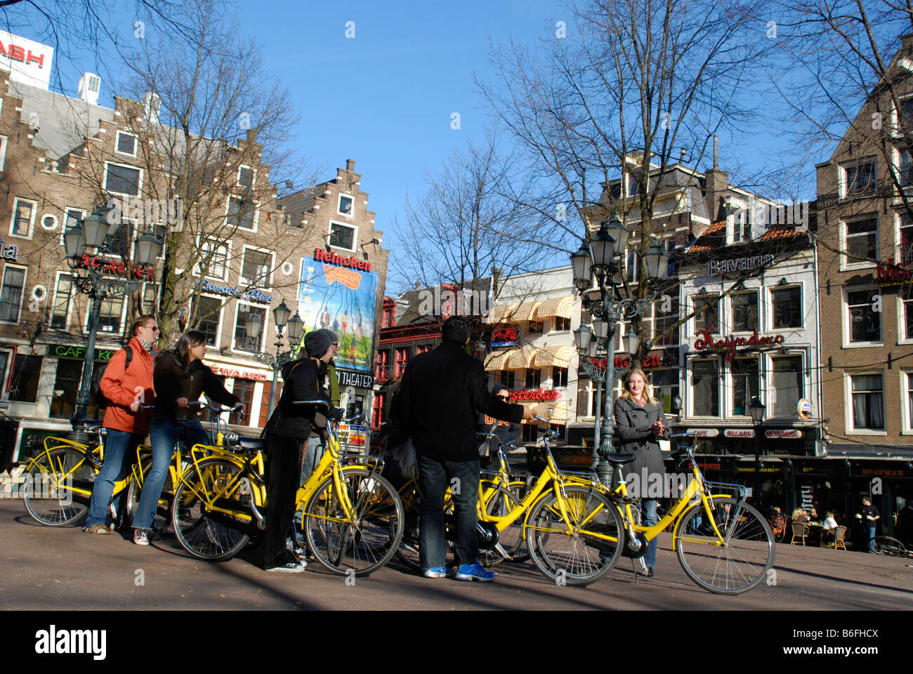 Fahrrad-Stadt-Tour, Leidseplein, Amsterdam, Niederlande Stockfoto