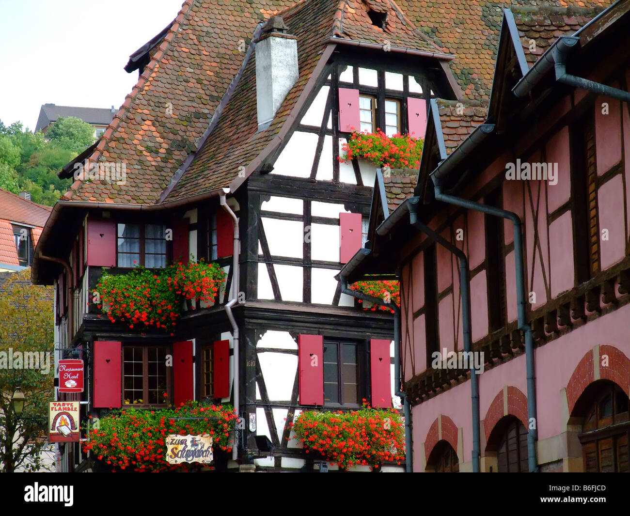 Traditionelle Fachwerk-Architektur im Elsass - Obernai Stockfoto