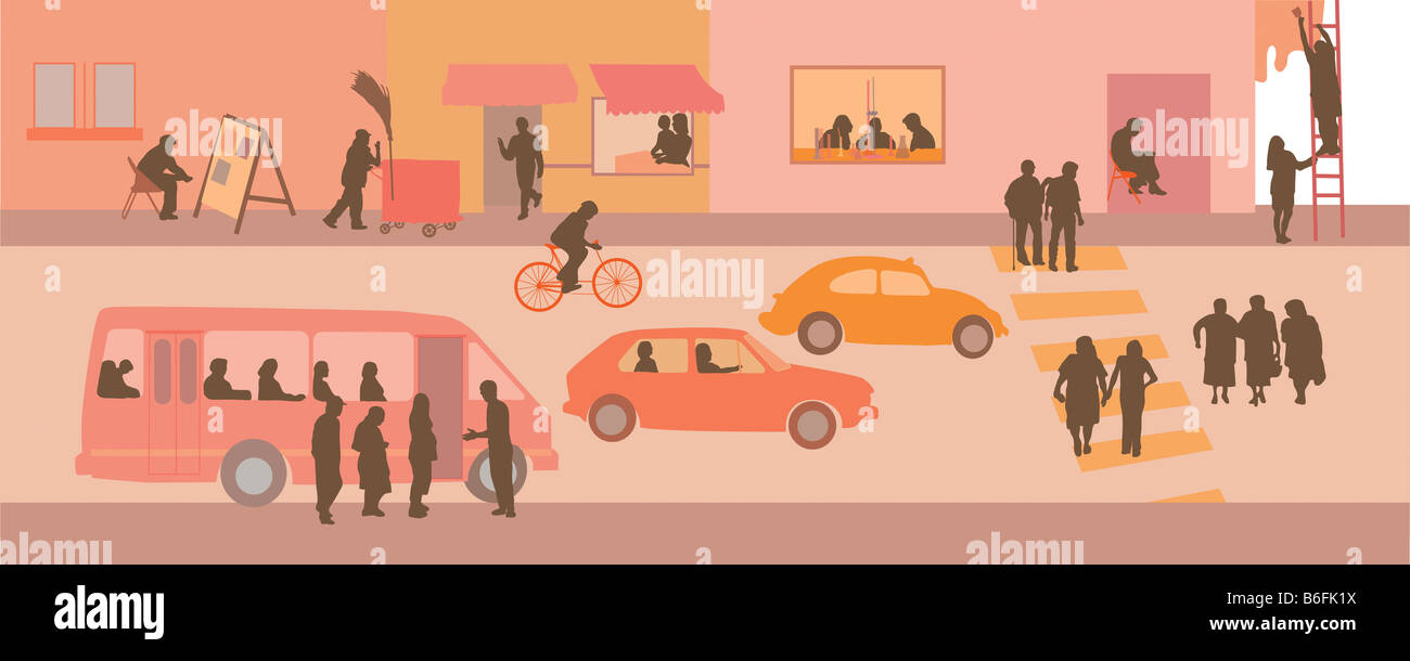 Abbildung Stadt, Verkehr und Menschen Stockfoto