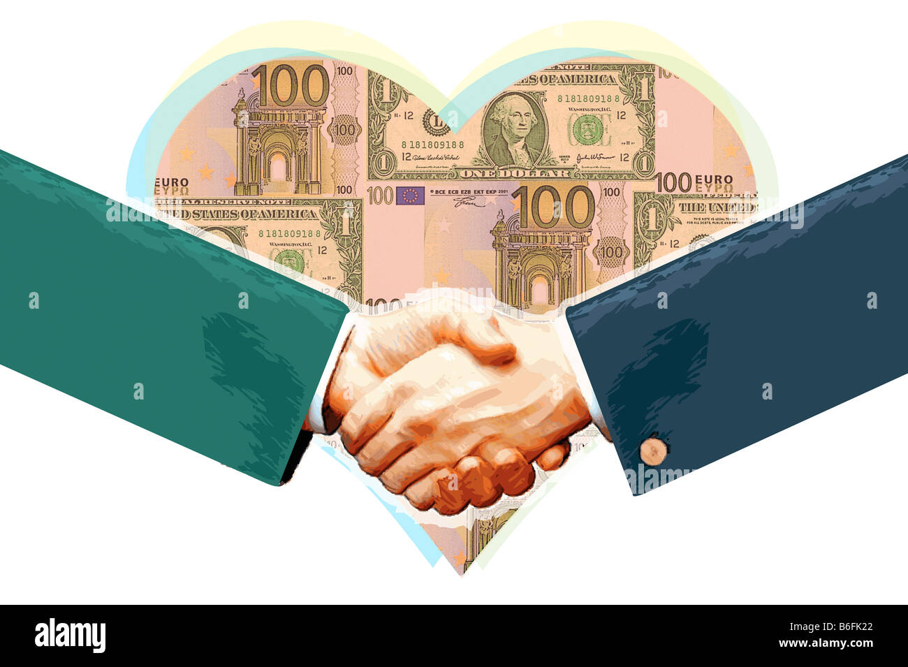 Abbildung, Händeschütteln vor herzförmigen Banknoten, Finanzen Regeln Stockfoto