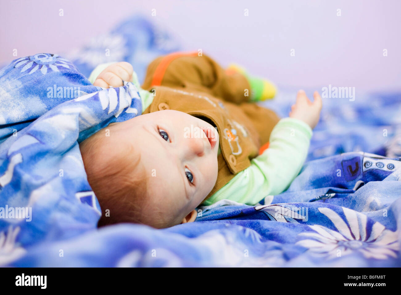 Baby Boy, 7 Monate alt, auf dem Bett Stockfoto