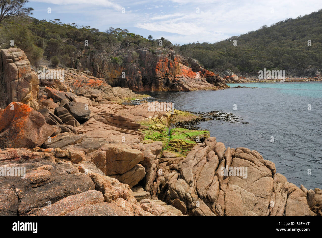 Roten Granitfelsen in Sleepy Bucht teilweise verdeckt durch Flechten, Freycinet Peninsula, Tasmanien, Australien Stockfoto