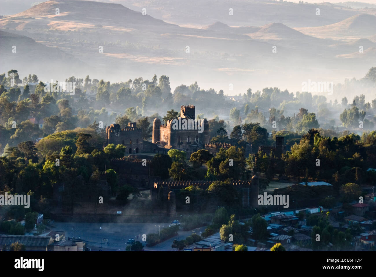 Luftaufnahme des Fasiladas' Palace, Royal Enclosure, Gondar, Äthiopien, Afrika Stockfoto