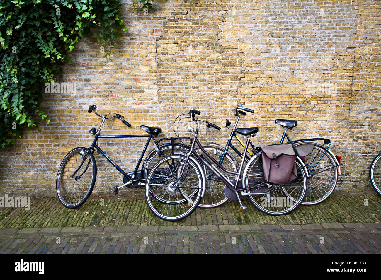 Fahrräder, die alte Wand Enkhuizen Niederlande gelehnt Stockfoto