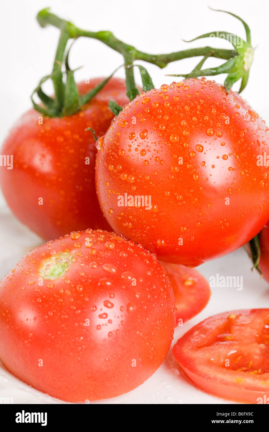 Frische Tomaten und Scheiben auf weißem Hintergrund Stockfoto