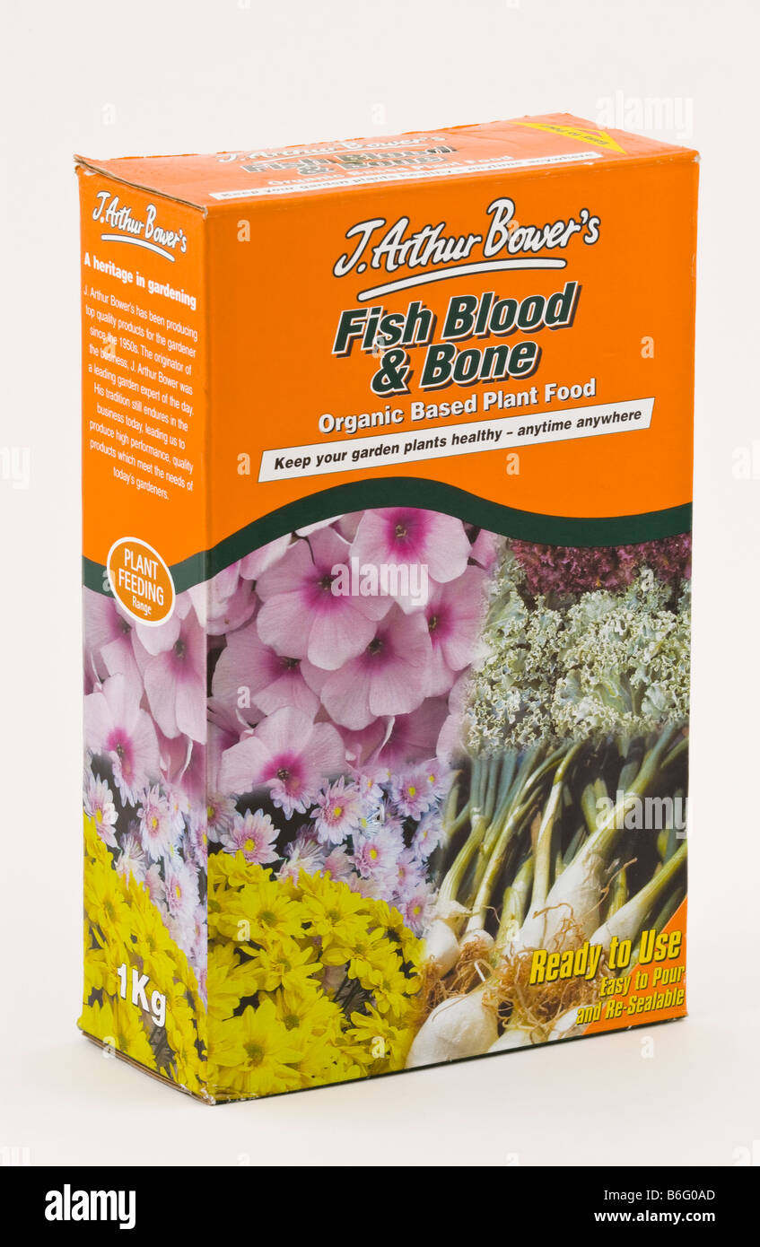 Box von J Arthur Bowers Fische Blut und Knochen organische Grundlage Pflanzendünger verkauft in Großbritannien Stockfoto