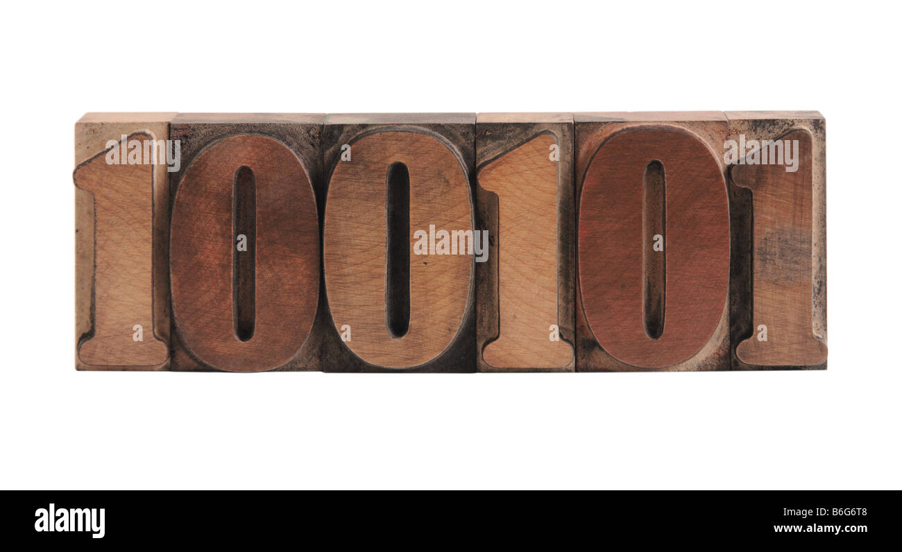 der Nummernkreis 100101 im Buchdruck Holzart Stockfoto