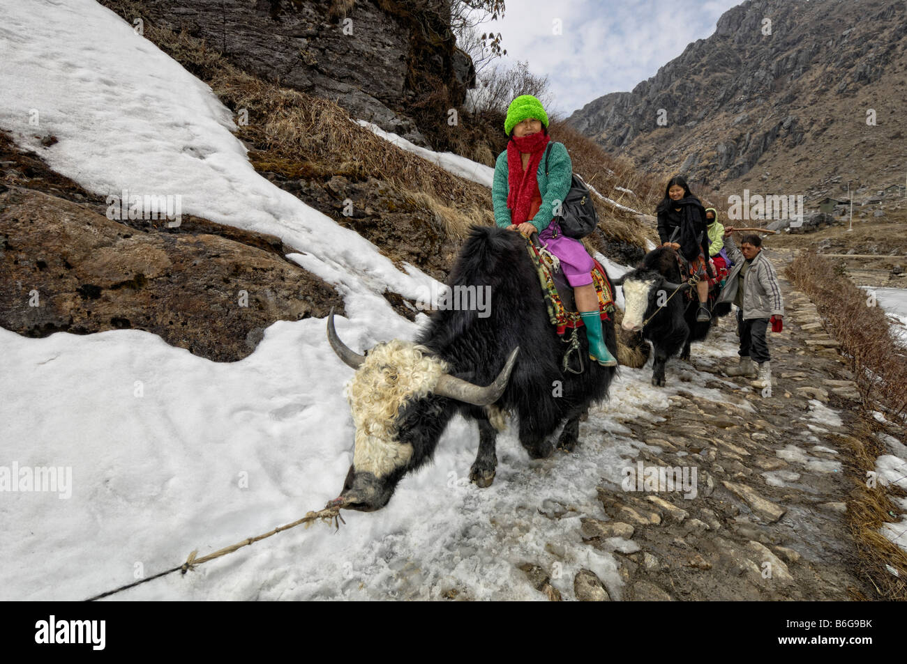 Touristen genießen Yak fahren Tsanga See Stockfoto