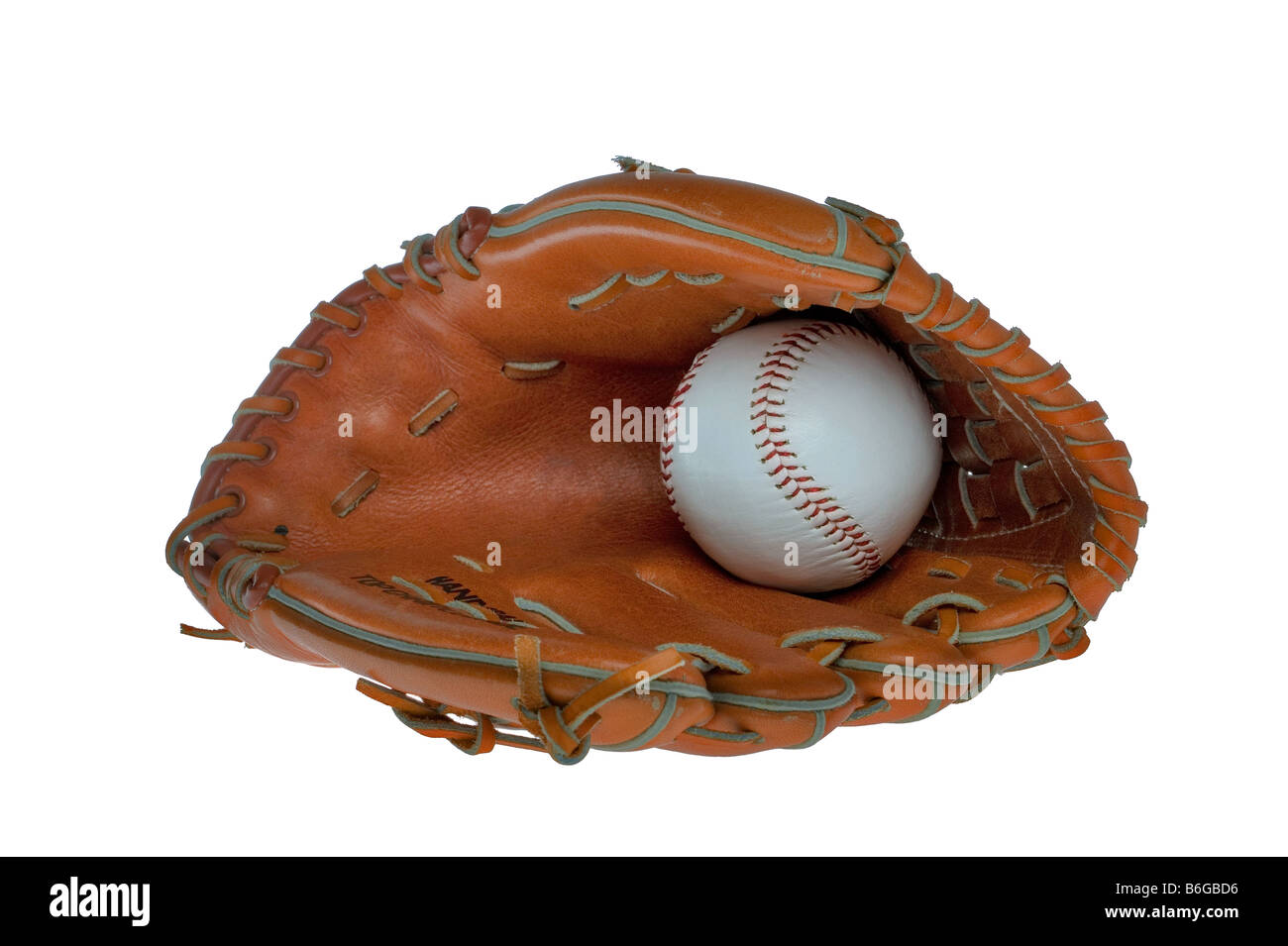 Leder-Baseball-Handschuh und Ball auf einem weißen Hintergrund isoliert Stockfoto