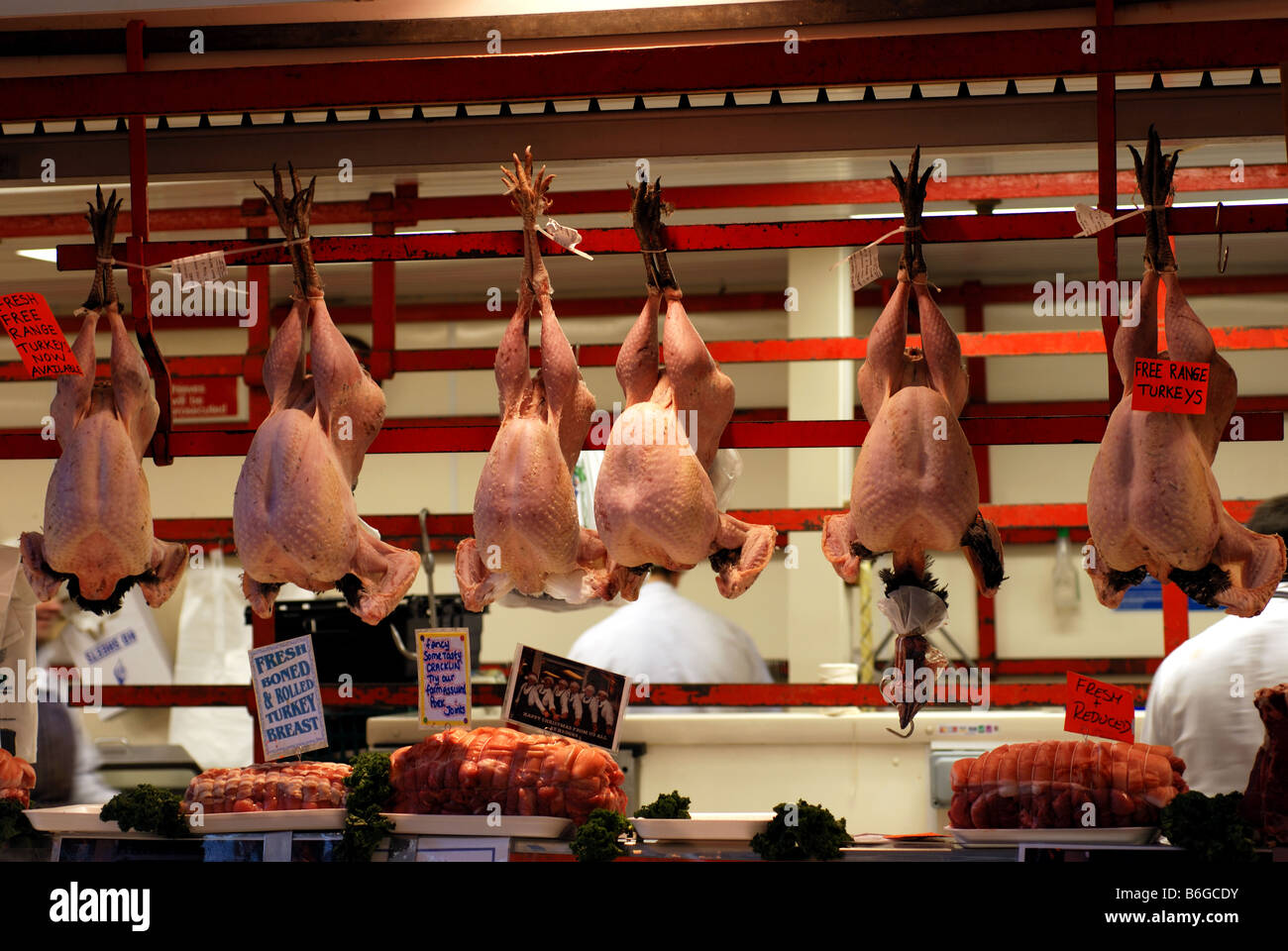 Freilandhaltung Puten an Weihnachten, Covered Market, Oxford, Oxfordshire, England, UK Stockfoto