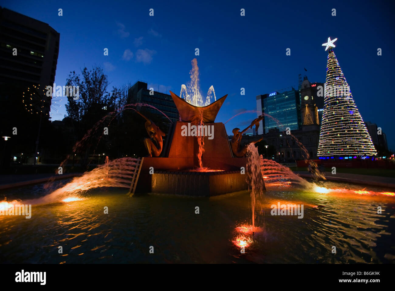 Victoria Square, Brunnen mit Weihnachtsbaum am Nacht, Adelaide, South Australia, Australien Stockfoto