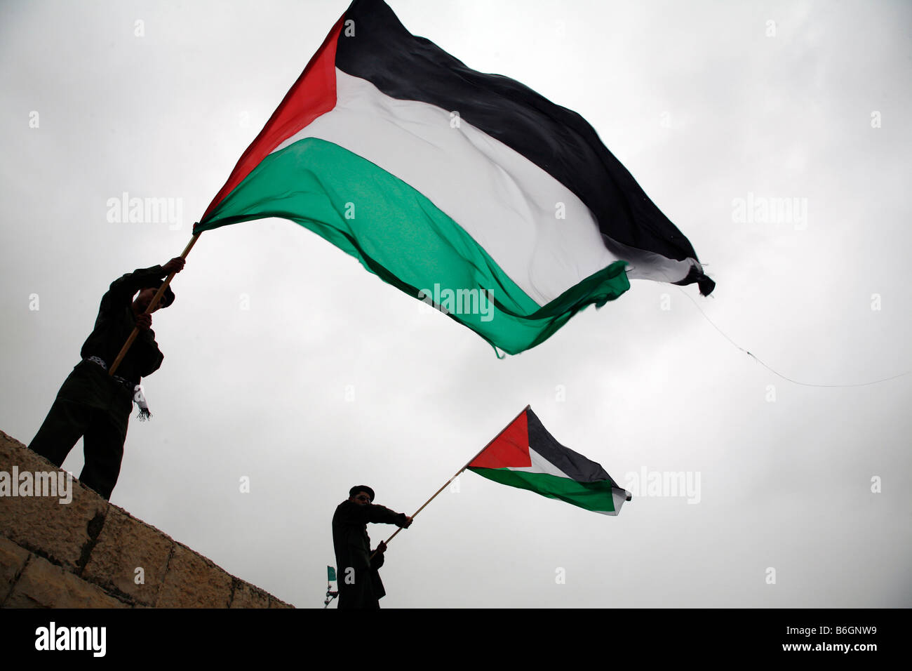 Palästinensische Demonstranten, die palästinensische Flagge im Dorf von Bilin, in der Nähe von Ramallah im Westjordanland. Stockfoto