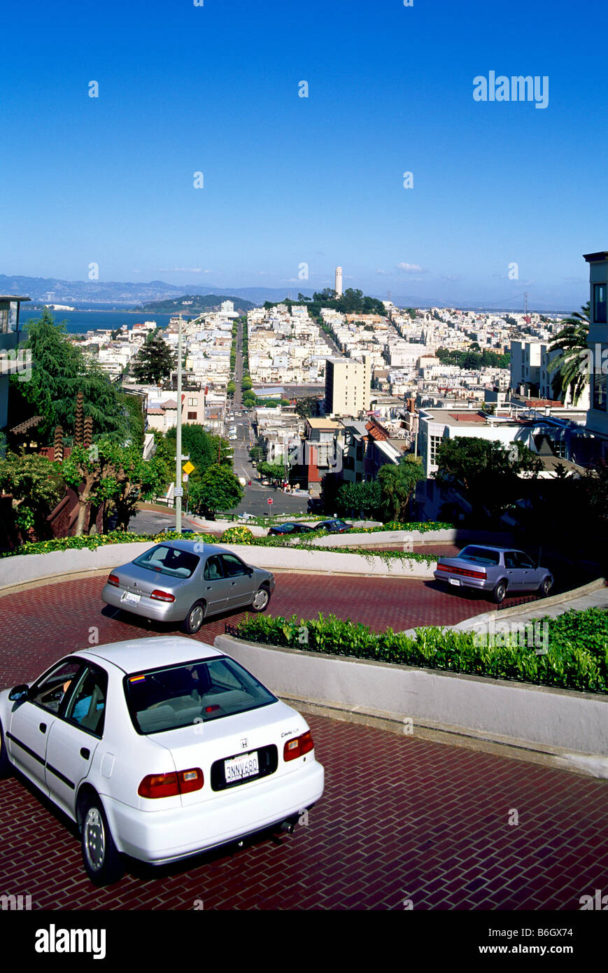 Lombard Street, San Francisco, Kalifornien, USA - Autos und Fahrzeuge fahren Down Russian Hill auf Crooked Winding Road, Blick auf die Stadt Stockfoto