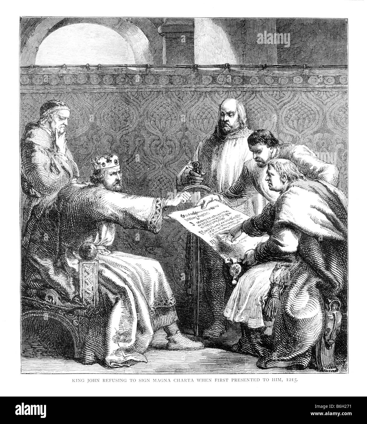 König Johann weigert, Magna Carta als erstes zu unterzeichnen präsentiert ihm 1215 19. Jahrhundert Illustration Stockfoto