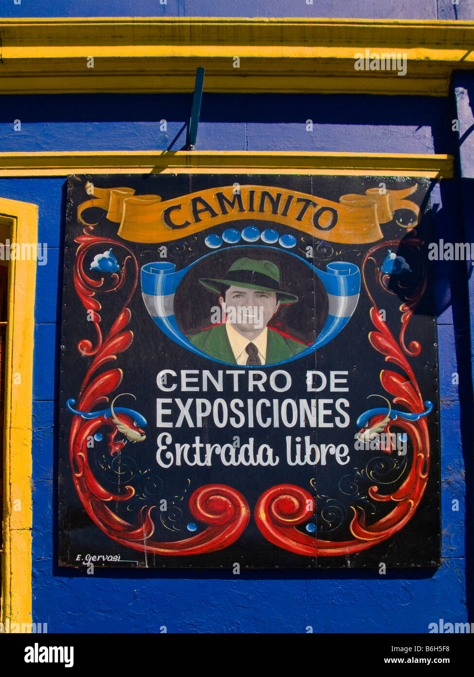 Bild des Tango-Sänger Carlos Gardel auf einer Wand in La Boca, Buenos Aires, Argentinien. Stockfoto