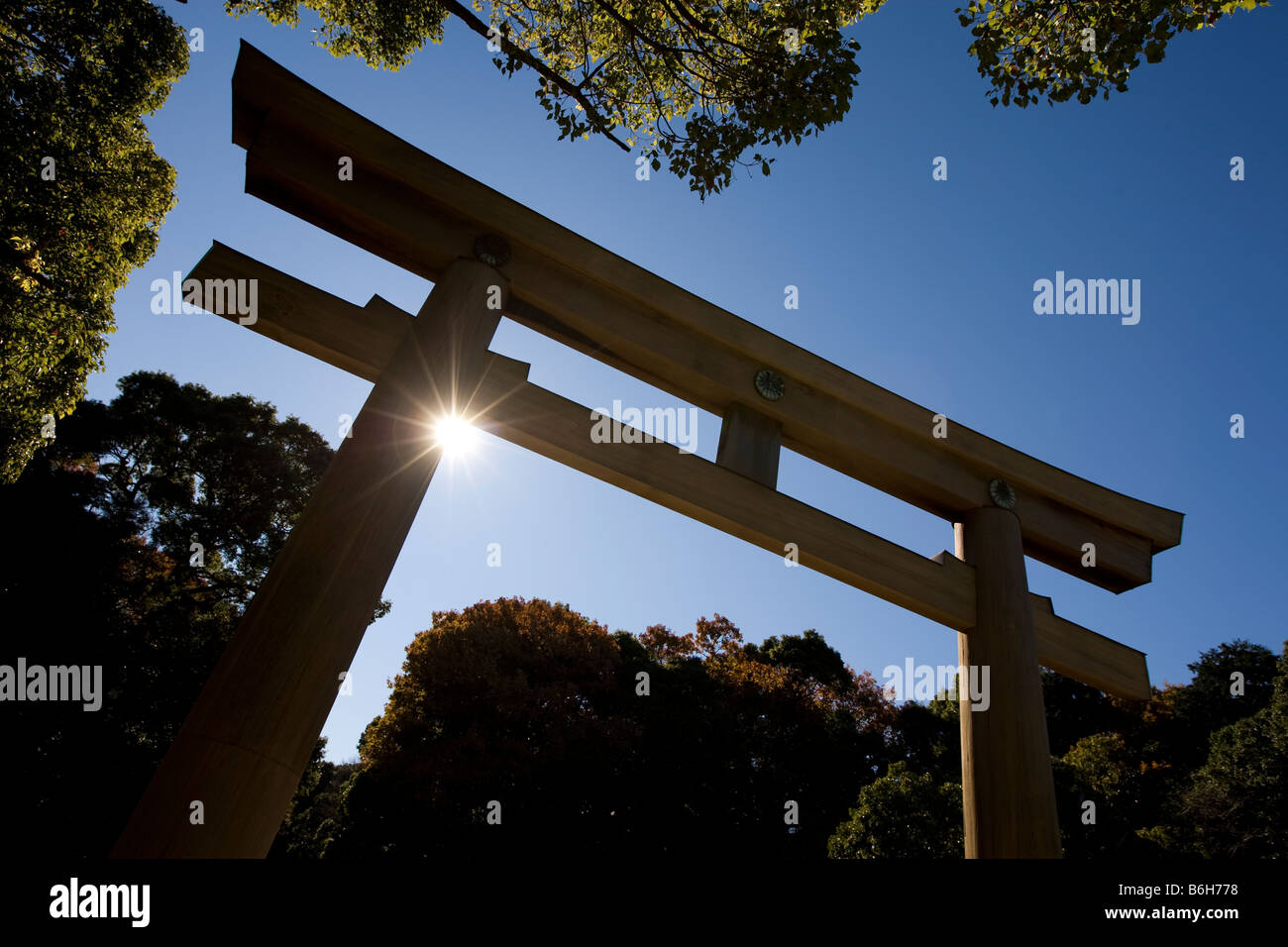 Sunlight burst around a traditional Torii gate at the Meiji shrine, Tokyo Japa. Stockfoto