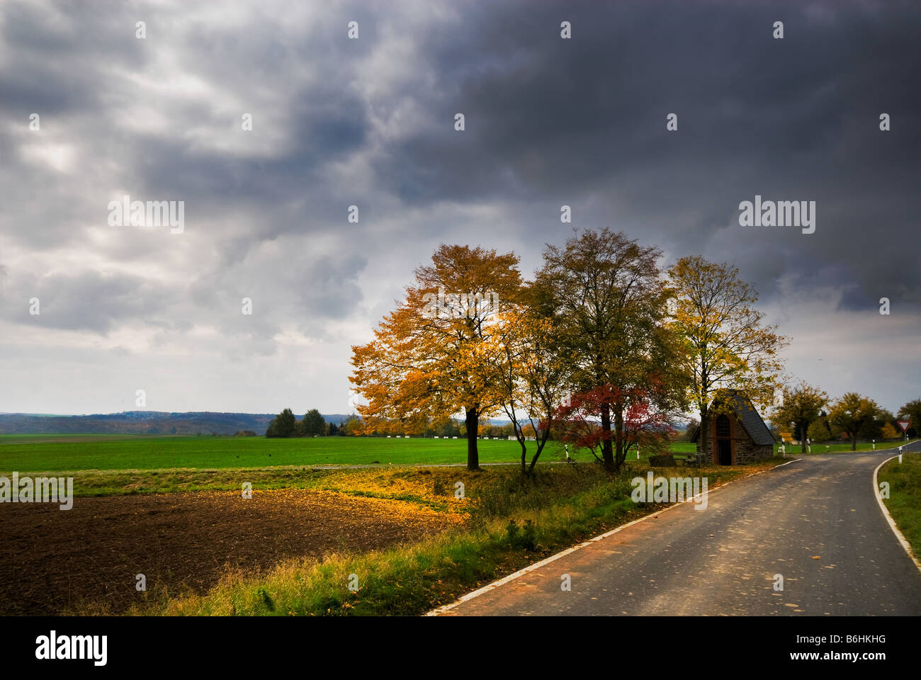 eine Straße durch eine Herbstlandschaft in Deutschland Stockfoto