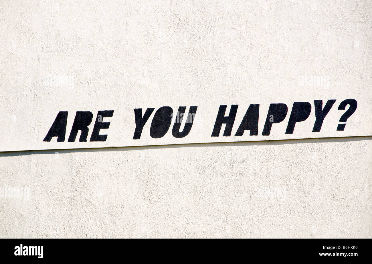 "Bist du glücklich?" Zeichnung an der Wand Bulding in Liverpool, Merseyside, UK Stockfoto