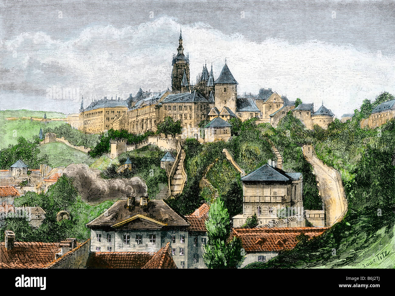 Burg Hradschin, Prag. Der Tschechoslowakei 1800. Handcolorierte halftone einer Abbildung Stockfoto