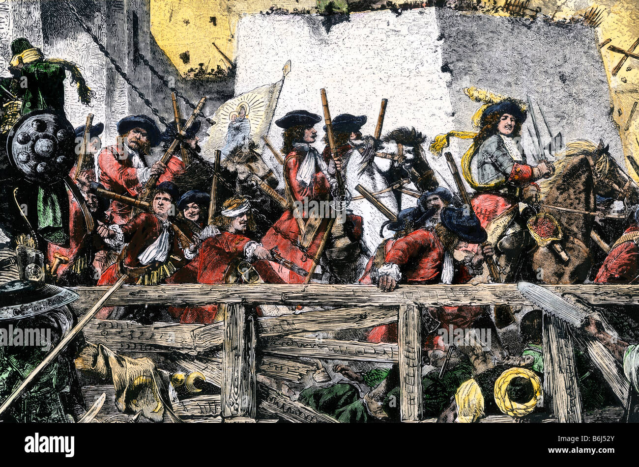 König Johann III. Sobieski führt polnische Kräfte herzögliches Heer zurück Die osmanischen Türken aus Wien, 1683. Hand - farbige Holzschnitt Stockfoto
