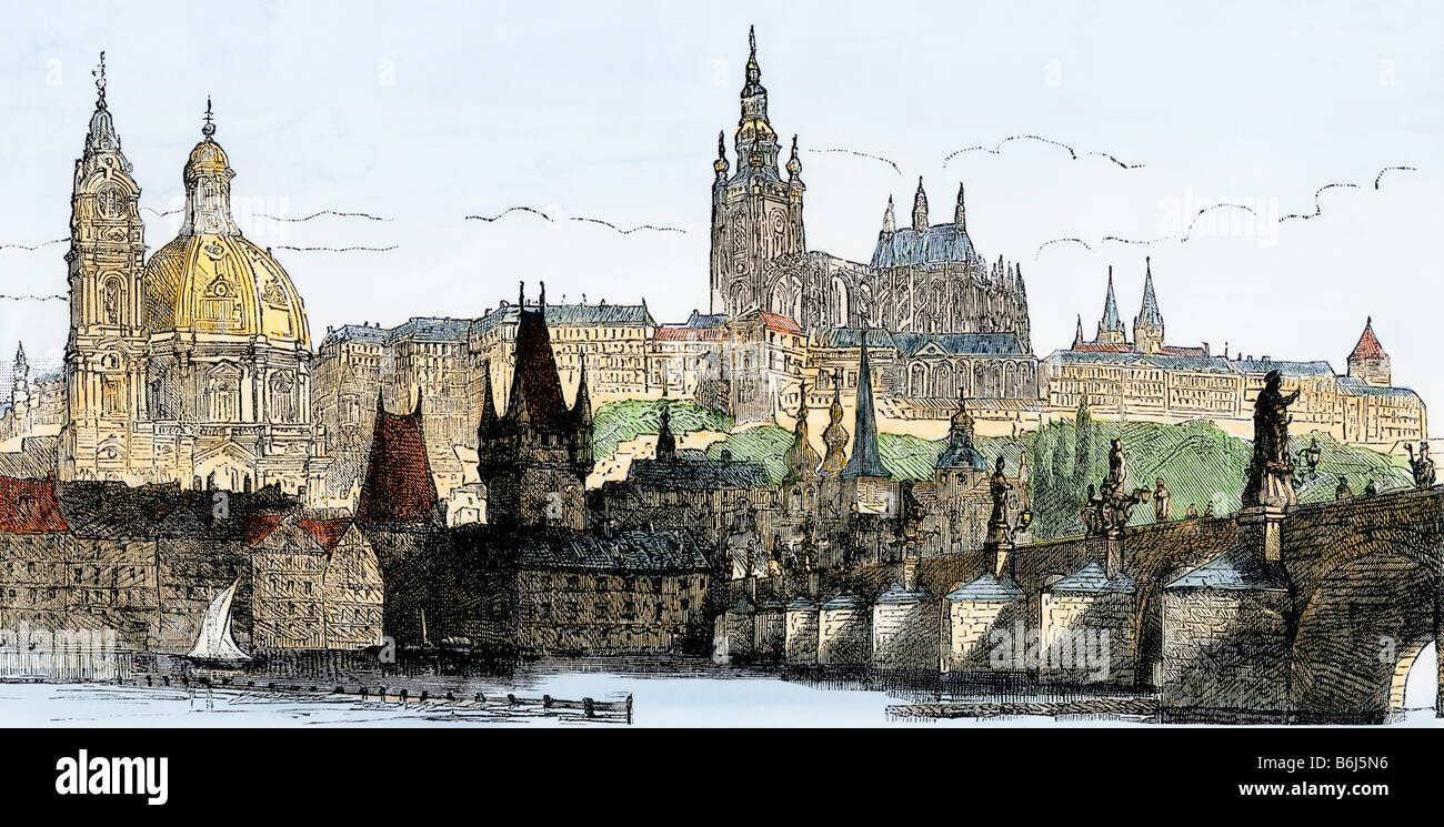 Hradschin Palace, Kleinseite und Brücke über die Moldau, oder Moldau, Fluss in Prag, Tschechoslowakei, 1800. Hand - farbige Holzschnitt Stockfoto
