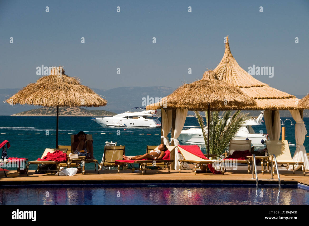 Beachclubs Turkbuku, Bodrum, Türkei. Stockfoto