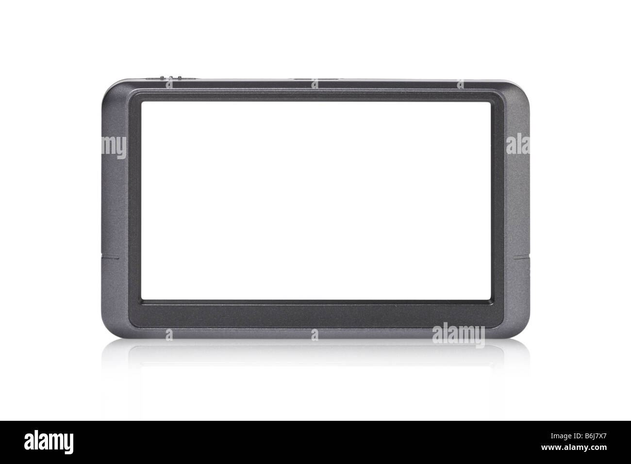 Tragbares GPS-Gerät mit leeren Bildschirm-Ausschnitt auf weißem Hintergrund Stockfoto