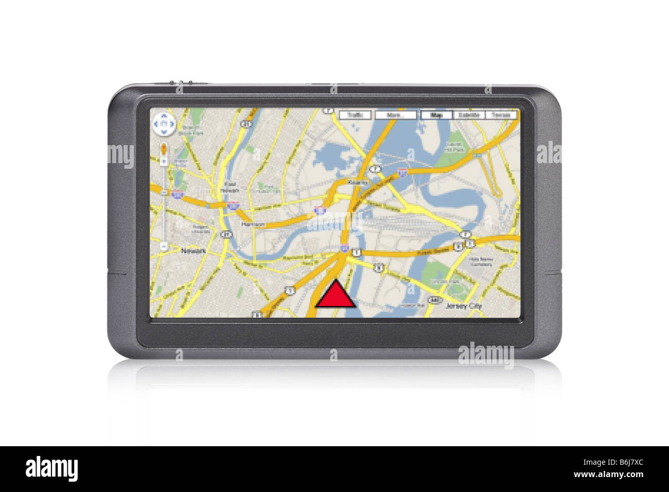 Tragbares GPS-Gerät mit Karte auf Bildschirm-Ausschnitt auf weißem Hintergrund Stockfoto
