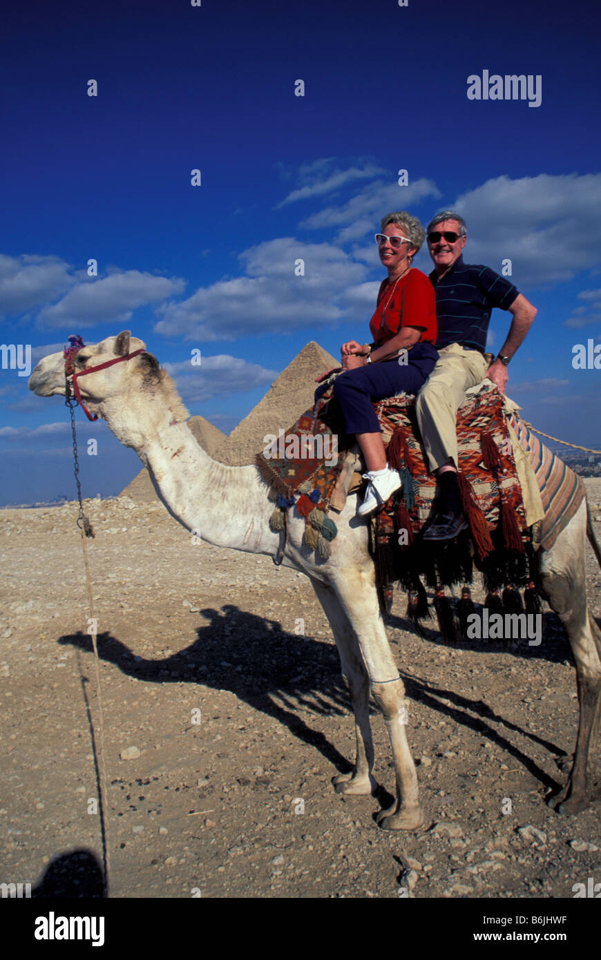 Ägypten, Gizeh. Touristen auf Kamel in der Nähe von Pyramiden (MR) Stockfoto