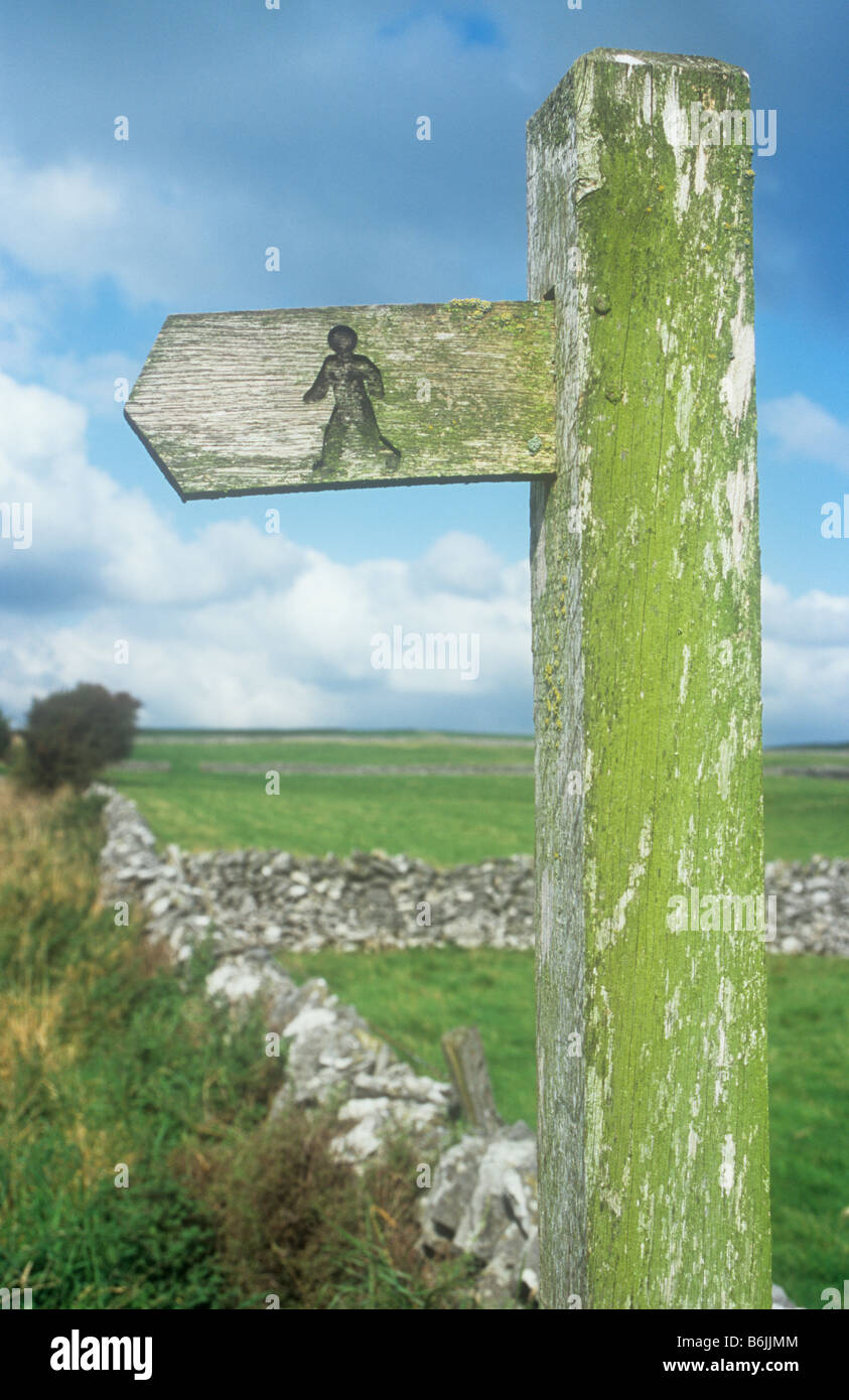 Holzschild auf Post geätzt mit ikonische Bild von öffentlichen Fußweg Walker mit Trockensteinmauern und Feld hinaus und Cumulus-Wolken Stockfoto