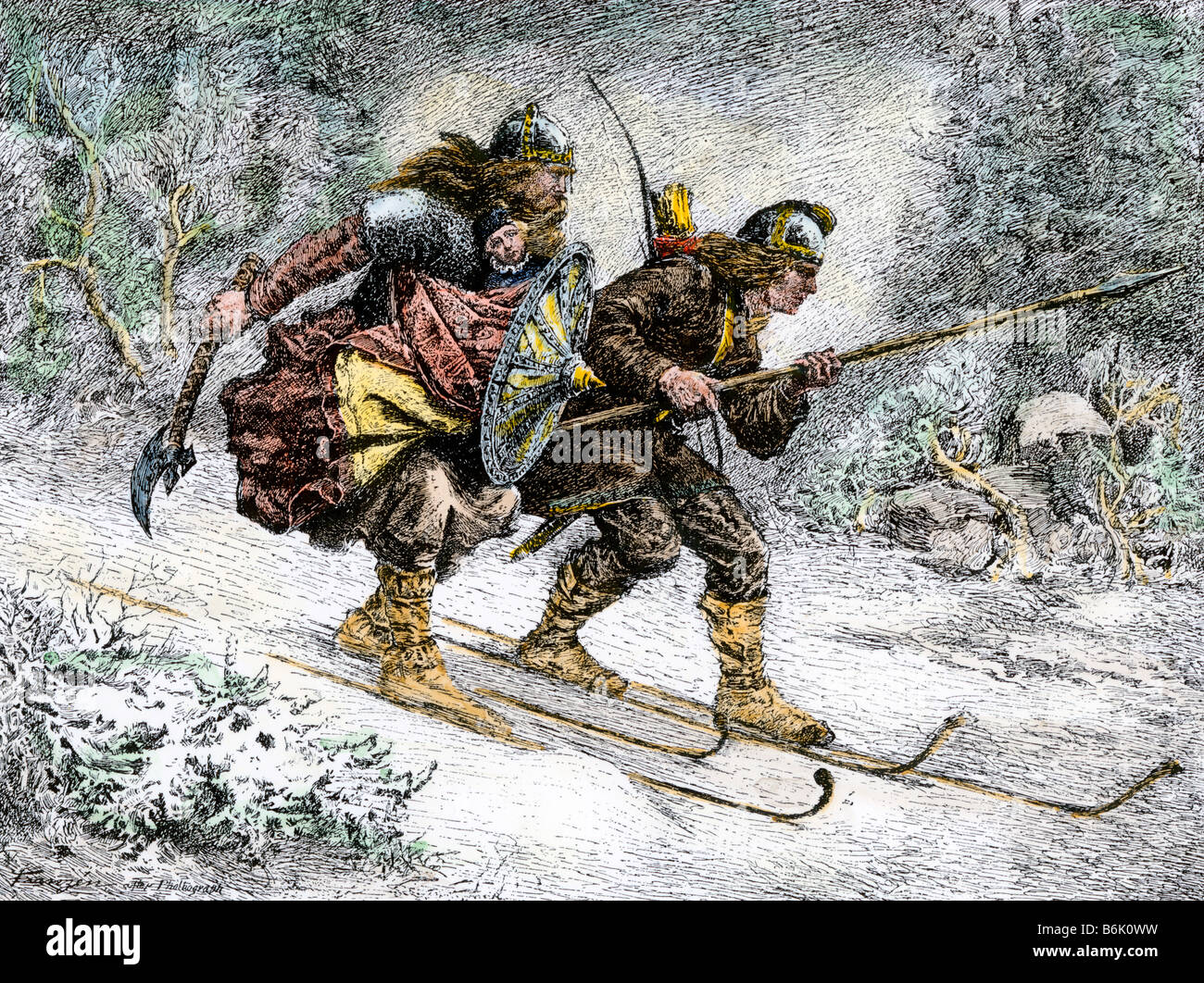 Birchlegs Durchführung Prinz Hakon Hakonson über die Berge nach Sicherheit, einem norwegischen Legende. Hand - farbige Holzschnitt Stockfoto