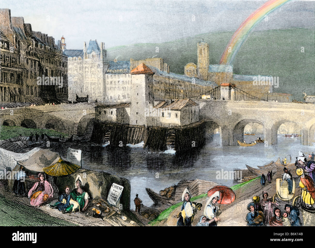 Rathaus und Pont d'Arcole auf der Seine in Paris vor 1850. Hand - farbige Gravur Stockfoto