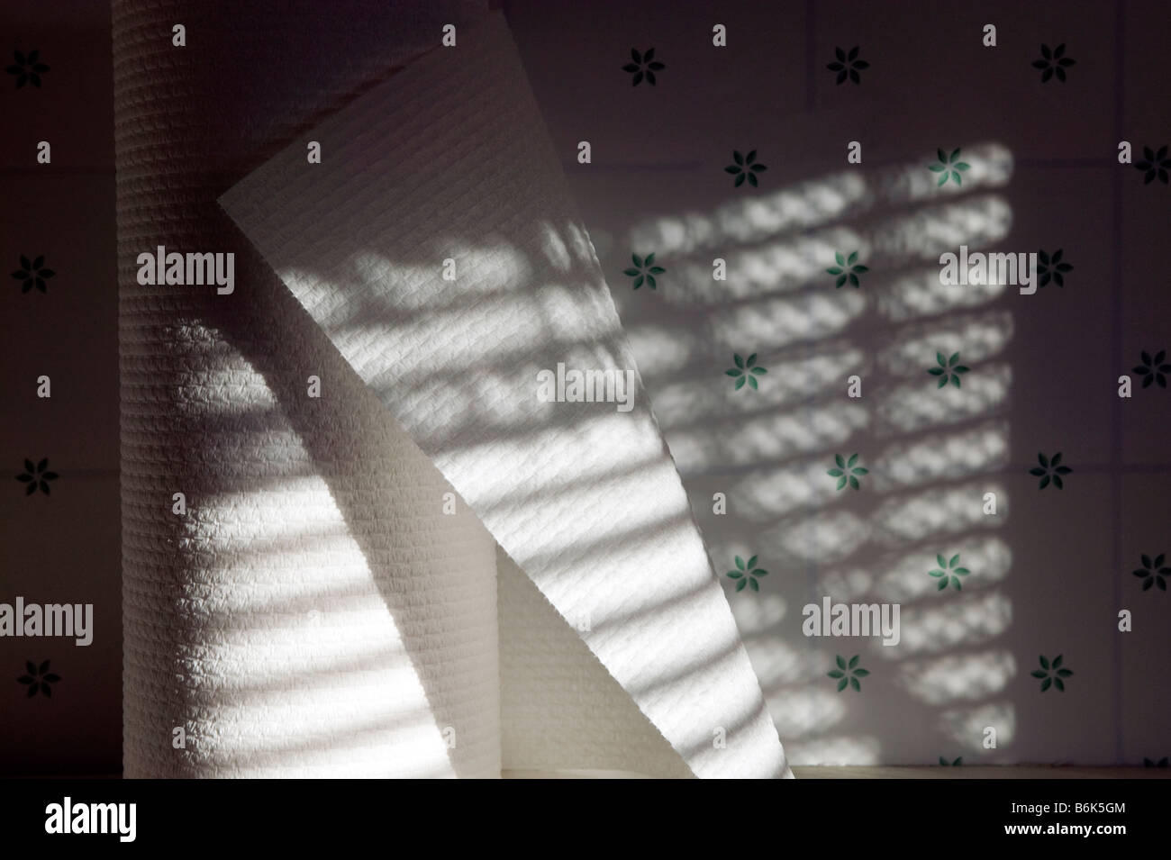 Sonnenlicht durch Jalousien schaffen ein gestreiftes Muster von Schatten auf einer Rolle von Papierhandtüchern. Stockfoto