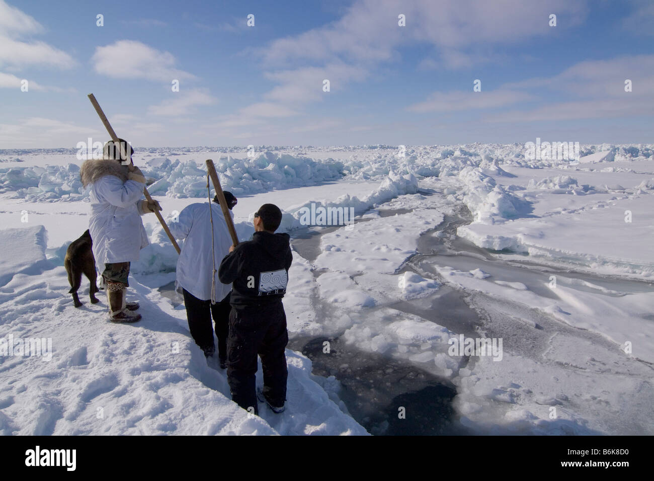 Inupiaq Subsistenz Jäger öffnet ein Loch in das Packeis für potentielle Tierwelt Tschuktschensee passieren Stockfoto