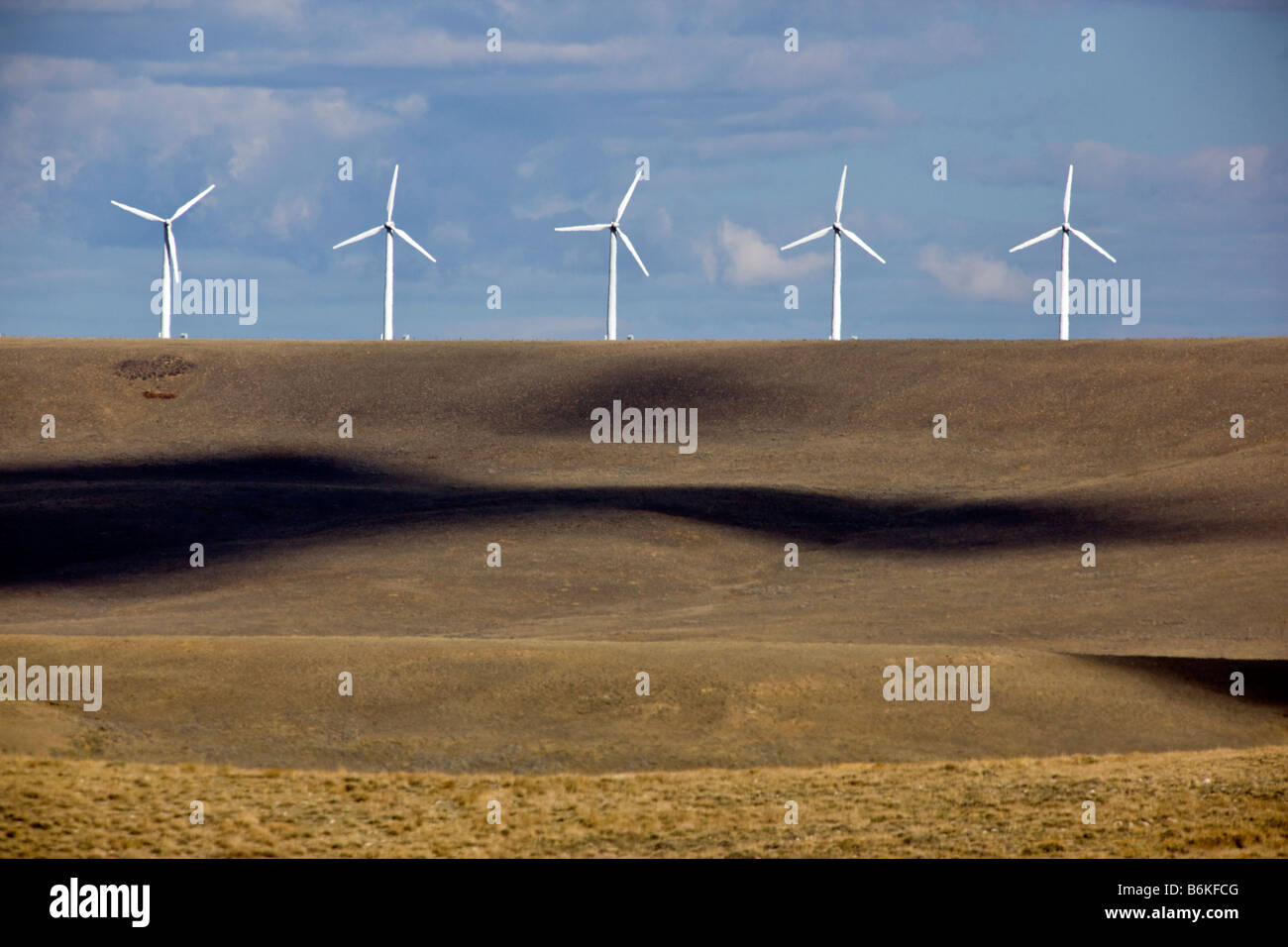 Windräder erzeugen elektrischen Strom in der Nähe von Arlington, Wyoming, USA Stockfoto