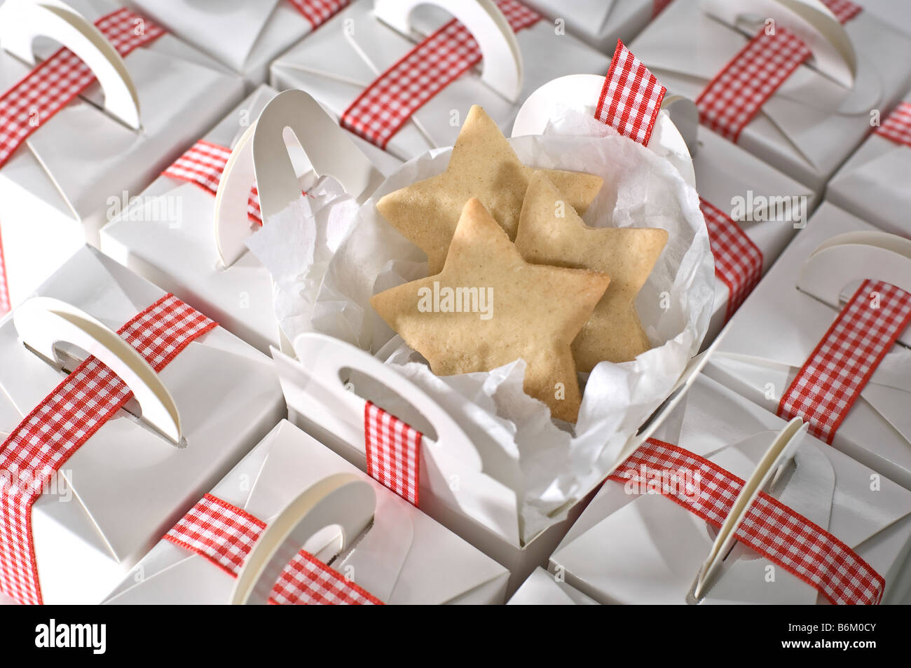 Sterne geformten Ausschnitt Kekse in einfache schlichte weiße Boxen für verpackt präsentiert zu Weihnachten. Gefesselt mit rot karierte Schleife Stockfoto