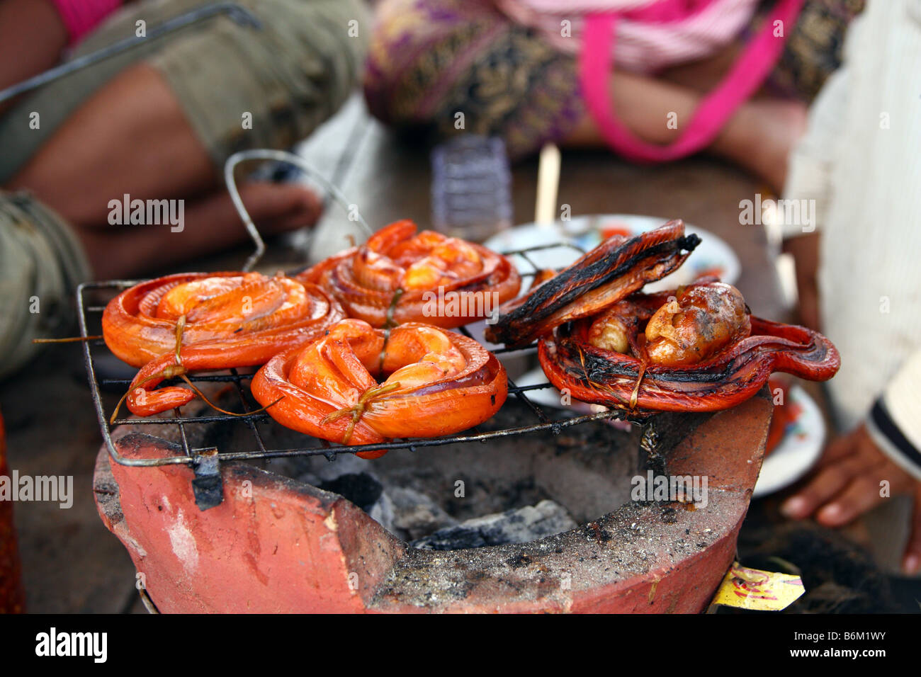 Nahaufnahme von Grill gegrillte Schlange in einer Straße Garküche, Siem Reap, Kambodscha Stockfoto