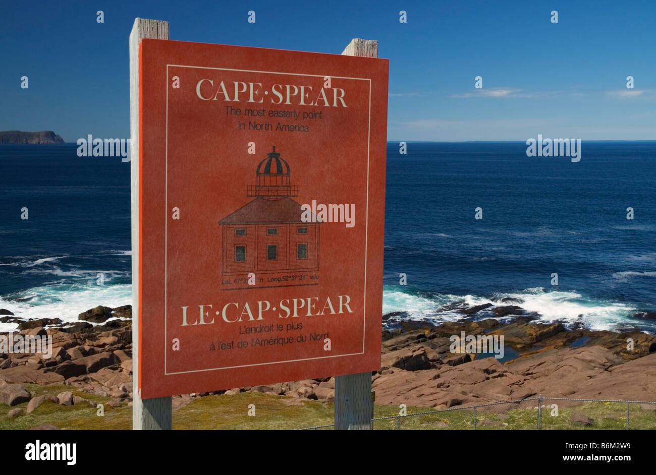 Kanada Neufundland Cape Spear östlichen Punkt in Nordamerika zu unterzeichnen, in Englisch und Französisch Stockfoto