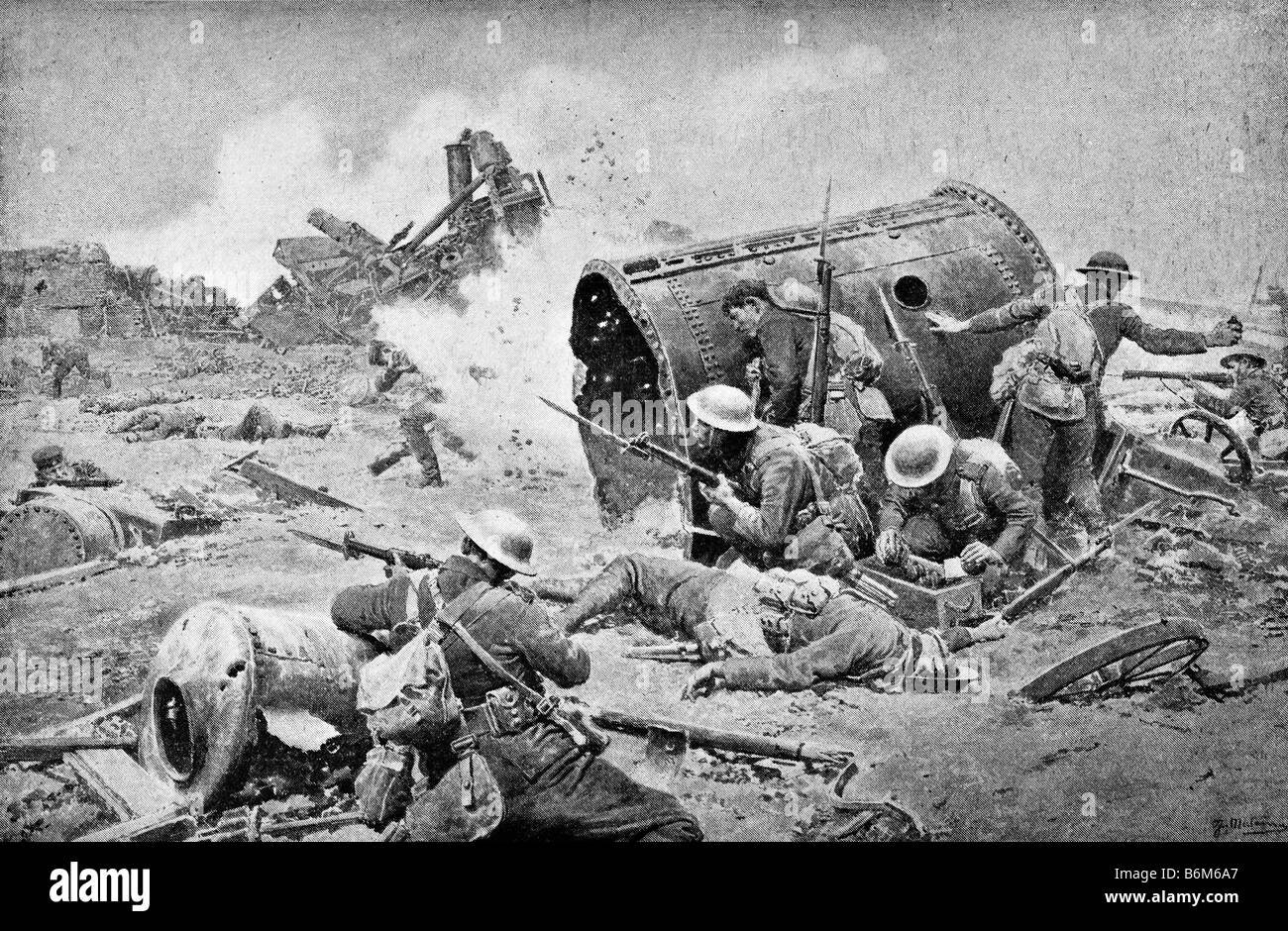 Zeitgenössische Weltkrieg einer Illustration von kanadischen Truppen in Aktion in Frankreich während der Schlacht an der Somme. Stockfoto